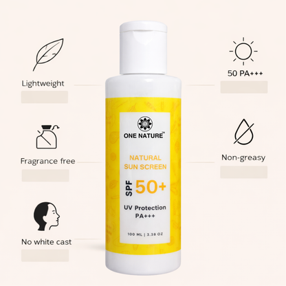 One Nature natural sunscreen bottle with SPF 50+ on a light beige background
