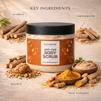 Anti-tan body scrub with key ingredients like licorice, sandalwood, walnut, and wild turmeric on a rustic background.