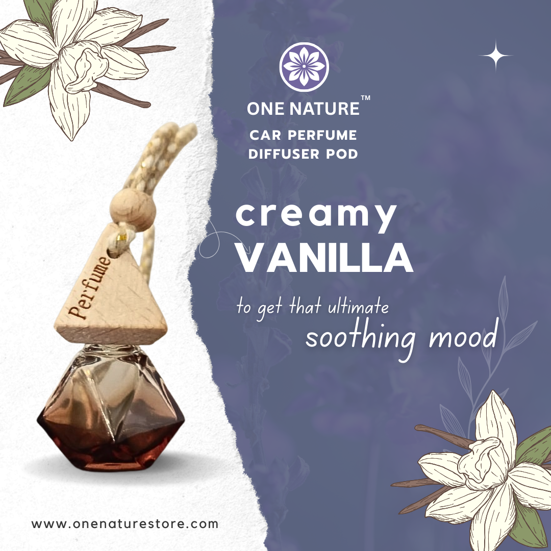 One Nature Car Perfume Diffuser Pod with creamy vanilla fragrance on a decorative background