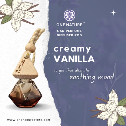 One Nature Car Perfume Diffuser Pod with creamy vanilla fragrance on a decorative background