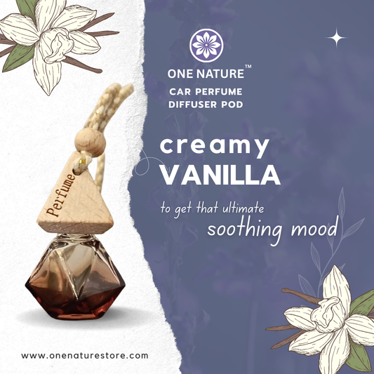 One Nature Car Perfume Diffuser Pod with creamy vanilla fragrance on a decorative background