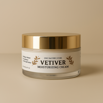 Jar of Vetiver moisturizing cream with gold lid on a beige background