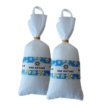 Two white bags with blue bands featuring a logo and text on a white background