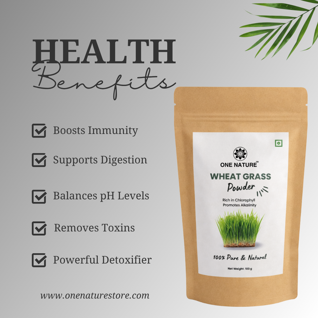 Wheat grass powder package with health benefits listed on a light gray background