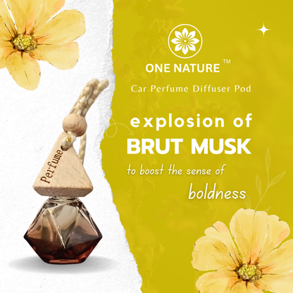 Car perfume diffuser pod with flowers on a yellow background, featuring 'One Nature' brand.