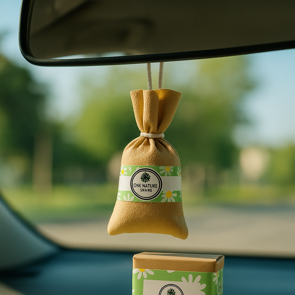 Car air freshener hanging from a car's rearview mirror with packaging below.