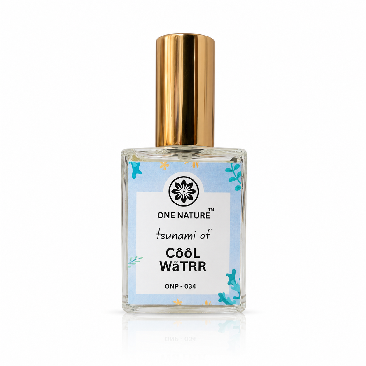One Nature perfume bottle with gold cap on a white background