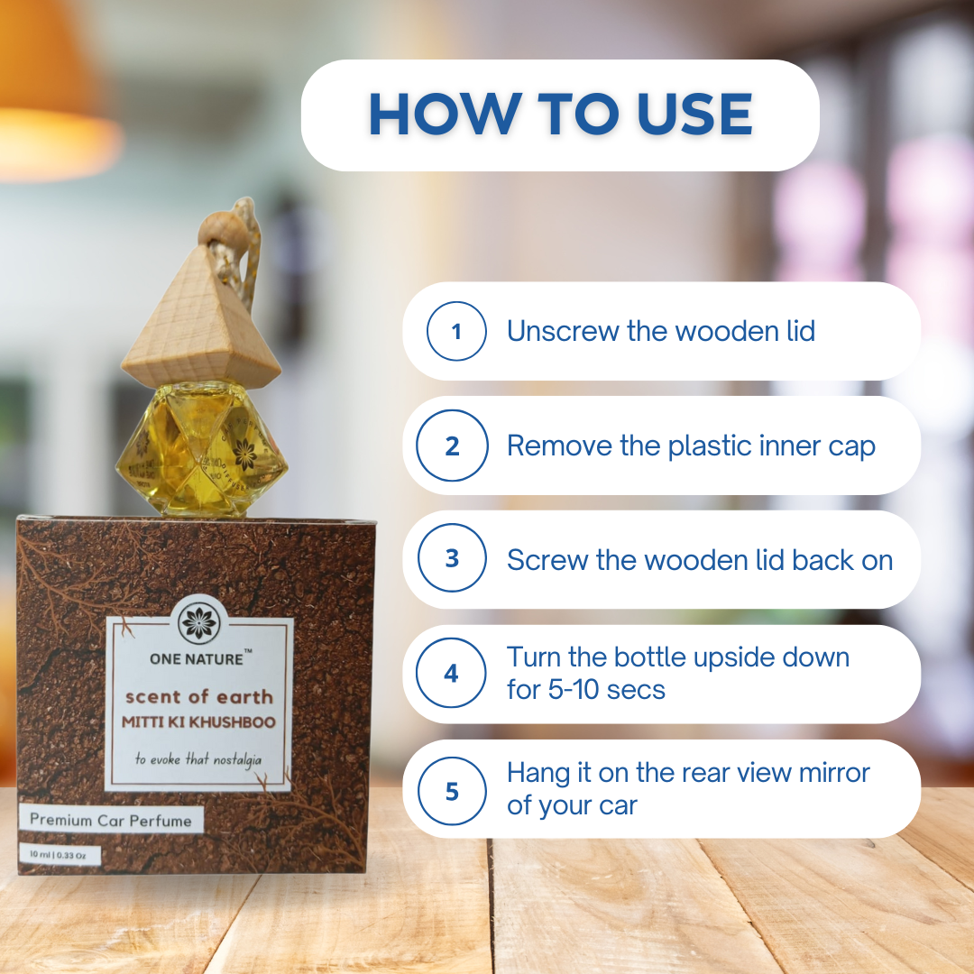 Car perfume bottle with wooden lid and instructions on how to use it.
