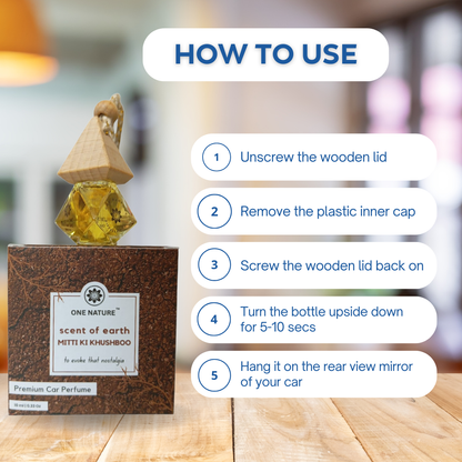 Car perfume bottle with wooden lid and instructions on how to use it.