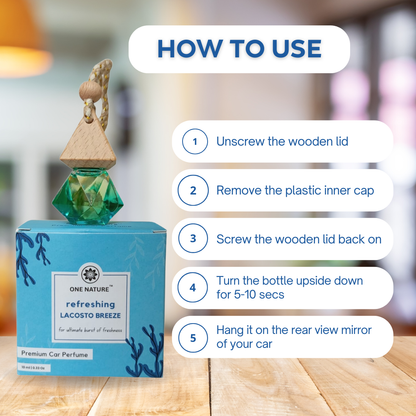 Car perfume bottle with usage instructions on a blurred background