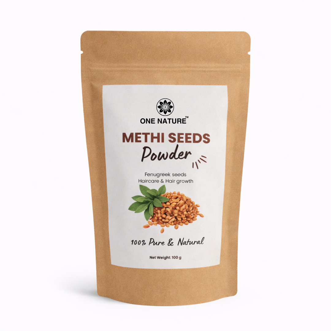 Package of One Nature Methi Seeds Powder on a white background