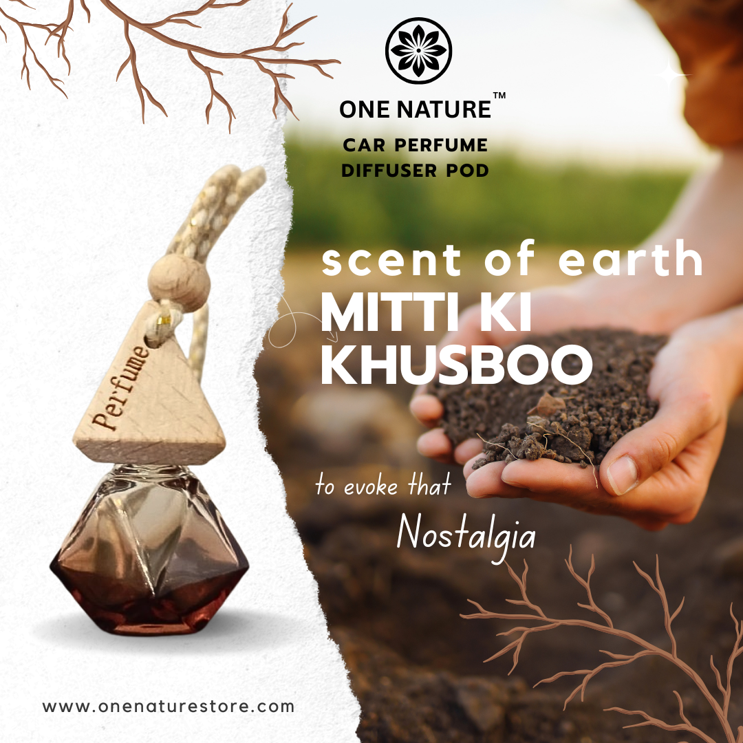 One Nature car perfume diffuser pod with a person holding soil, labeled 'scent of earth Mitti Ki Khusboo'.