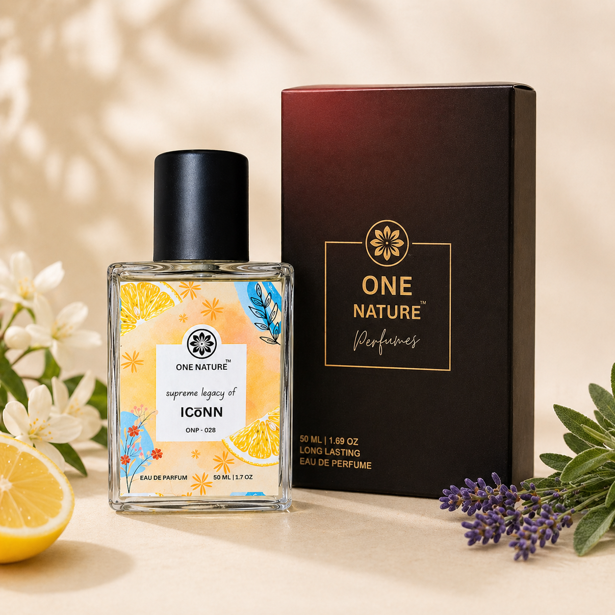 One Nature perfume bottle and packaging with flowers and a lemon on a beige background