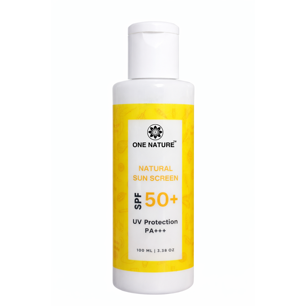 One Nature sunscreen bottle with yellow label on a white background