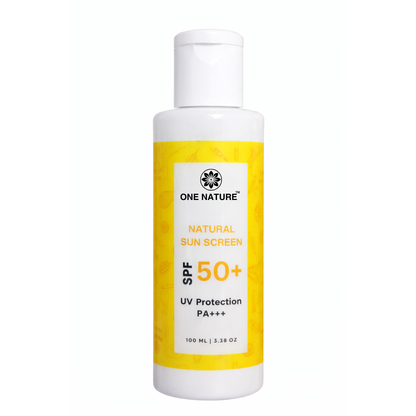 One Nature sunscreen bottle with yellow label on a white background