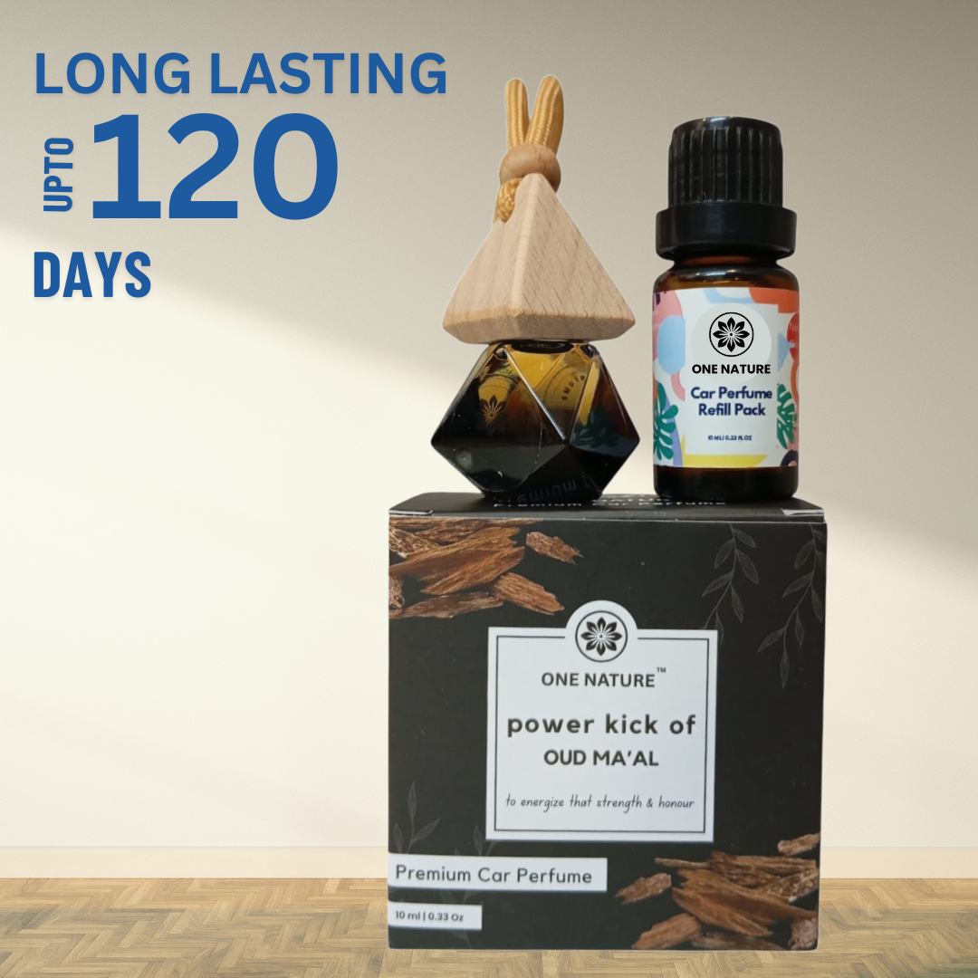 One Nature car perfume set with packaging on a wooden surface