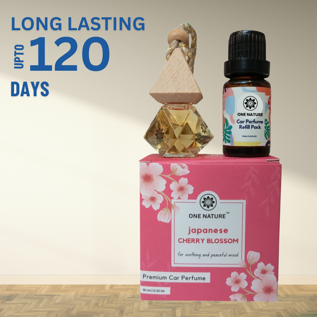 One Nature Japanese Cherry Blossom car perfume set with packaging on a wooden surface.