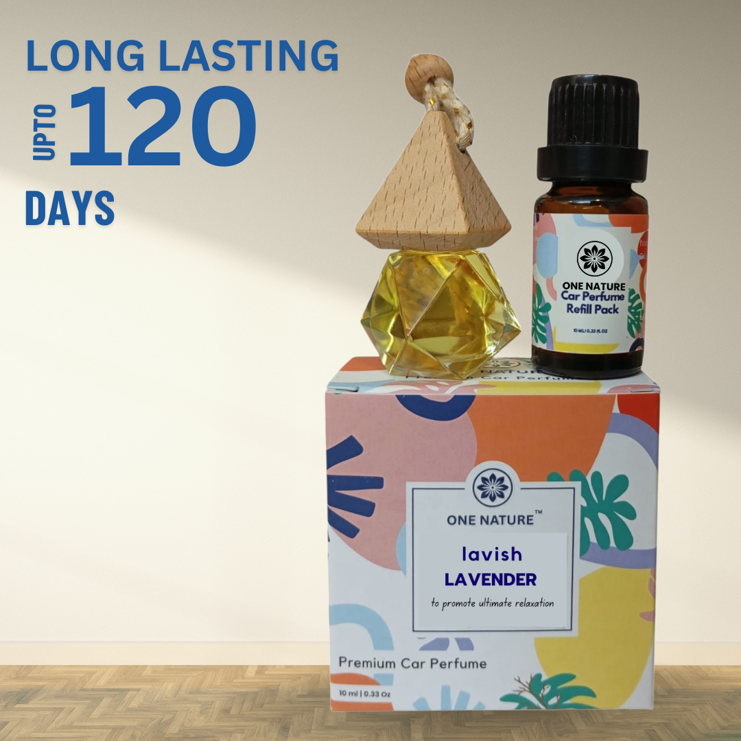 One Nature lavender car perfume set with packaging on a wooden surface.
