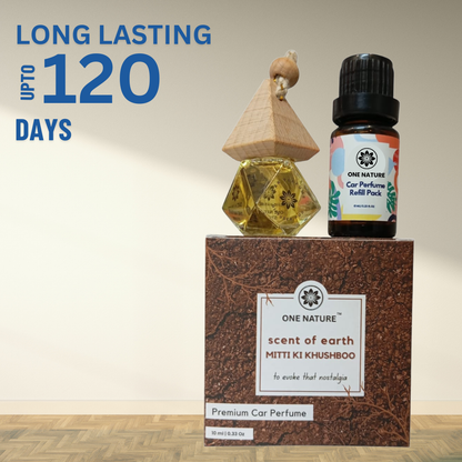 Car perfume set with packaging and refill bottle on a wooden surface.