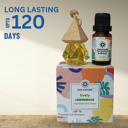 One Nature car perfume set with lemon grass scent on a wooden surface.