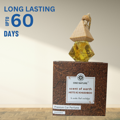 Perfume bottle with wooden cap on a wooden base, featuring text about longevity.