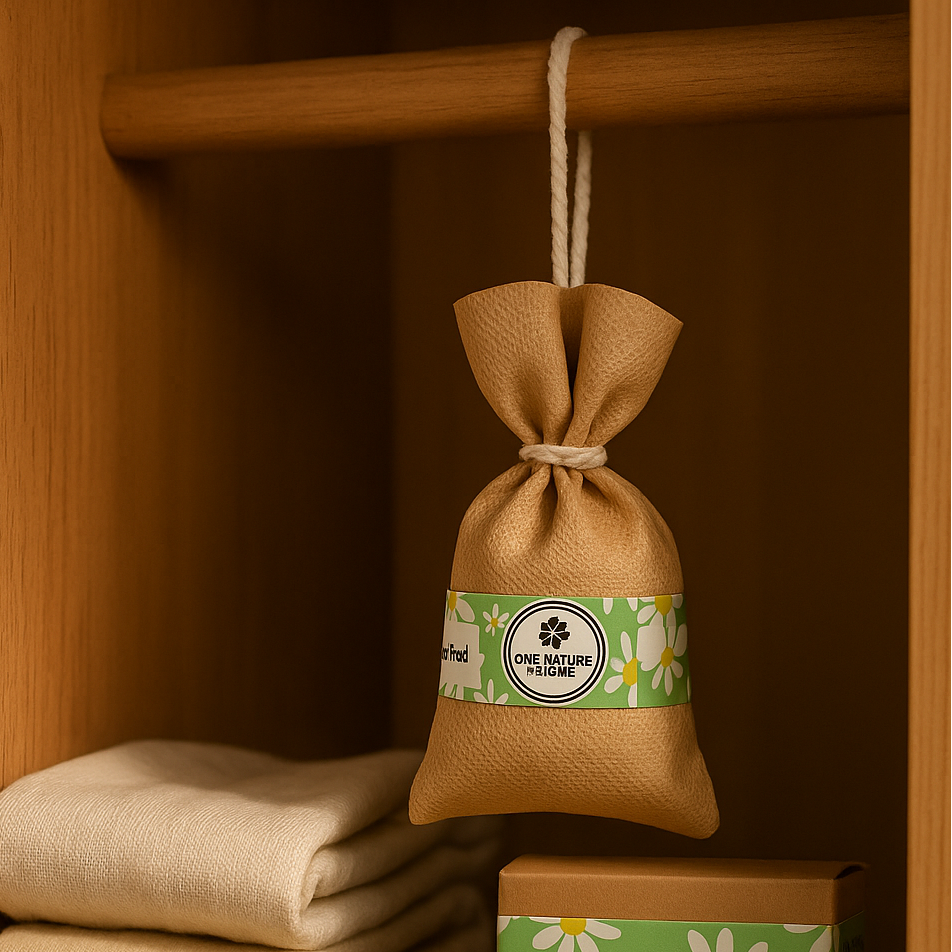 Stack of folded cloths with a hanging bag and box on a wooden shelf